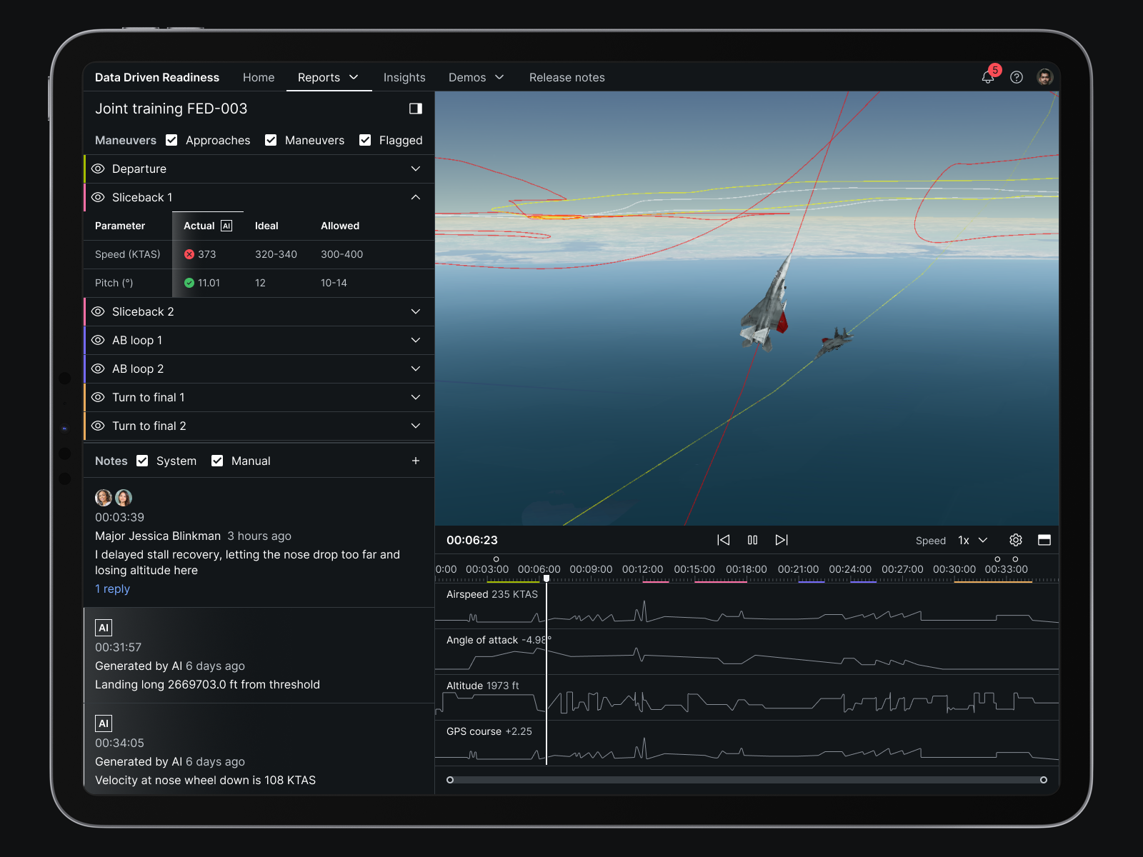 User interface design of Data Driven Readines with maneuvers graded by AI, a viewport 
						that simulates flights, and a timeline that visualizes flight performance data